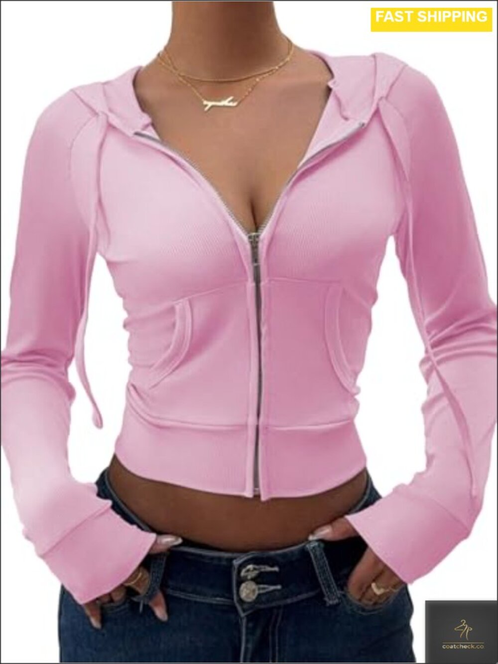 Ribbed Knit Crop Zip Up Hoodie Slim Fit Long Sleeve Sweatshirt with Pockets